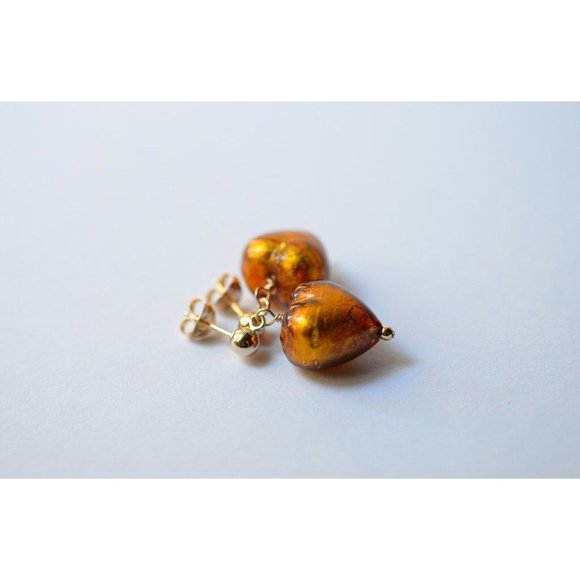 Authentic Murano Glass Studs Earrings Gold Filled Puffy Heart Valentine Posts - Picture 3 of 3